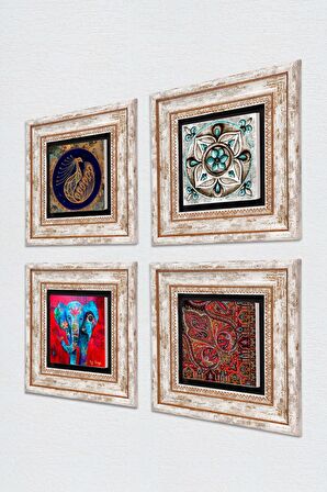 Fil, Tavus Kuşu, Desen, Çini Sanatı Taş Duvar Tablosu Çerçeveli Duvar Dekoru 4 Parça Tablo Seti Wall Art