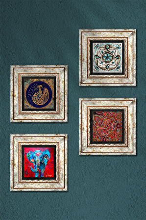 Fil, Tavus Kuşu, Desen, Çini Sanatı Taş Duvar Tablosu Çerçeveli Duvar Dekoru 4 Parça Tablo Seti Wall Art