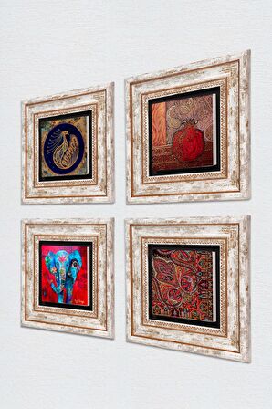 Fil, Tavus Kuşu, Desen, Nar Taş Duvar Tablosu Çerçeveli Duvar Dekoru 4 Parça Tablo Seti Wall Art