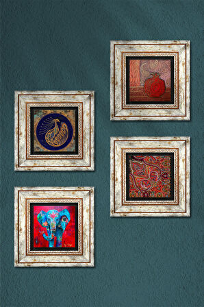 Fil, Tavus Kuşu, Desen, Nar Taş Duvar Tablosu Çerçeveli Duvar Dekoru 4 Parça Tablo Seti Wall Art
