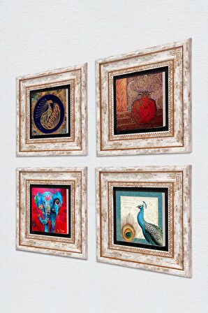 Fil, Tavus Kuşu, Nar Taş Duvar Tablosu Çerçeveli Duvar Dekoru 4 Parça Tablo Seti Wall Art