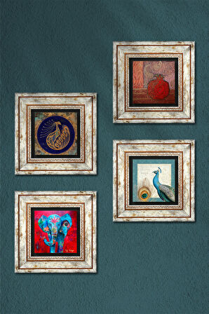 Fil, Tavus Kuşu, Nar Taş Duvar Tablosu Çerçeveli Duvar Dekoru 4 Parça Tablo Seti Wall Art