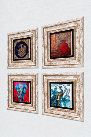 Fil, Tavus Kuşu, Nar Taş Duvar Tablosu Çerçeveli Duvar Dekoru 4 Parça Tablo Seti Wall Art