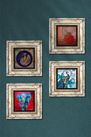 Fil, Tavus Kuşu, Nar Taş Duvar Tablosu Çerçeveli Duvar Dekoru 4 Parça Tablo Seti Wall Art