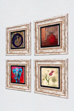 Fil, Tavus Kuşu, Lale, Nar Taş Duvar Tablosu Çerçeveli Duvar Dekoru 4 Parça Tablo Seti Wall Art