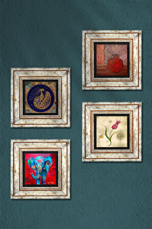 Fil, Tavus Kuşu, Lale, Nar Taş Duvar Tablosu Çerçeveli Duvar Dekoru 4 Parça Tablo Seti Wall Art