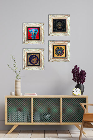 Fil, Tavus Kuşu, Hayat Ağacı, Nazar Taş Duvar Tablosu Çerçeveli Duvar Dekoru 4 Parça Tablo Seti Wall Art