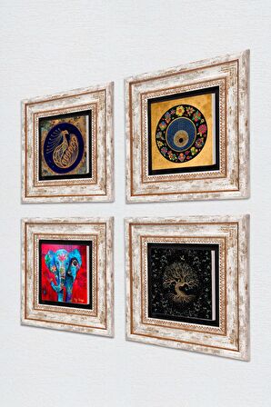 Fil, Tavus Kuşu, Hayat Ağacı, Nazar Taş Duvar Tablosu Çerçeveli Duvar Dekoru 4 Parça Tablo Seti Wall Art