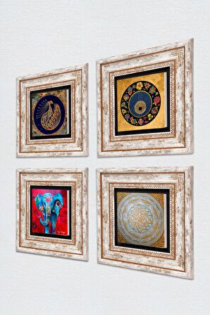Fil, Tavus Kuşu, Sri Yantra, Nazar Taş Duvar Tablosu Çerçeveli Duvar Dekoru 4 Parça Tablo Seti Wall Art