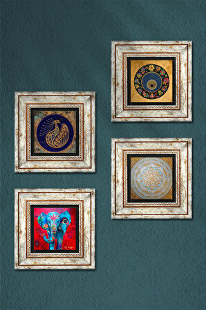 Fil, Tavus Kuşu, Sri Yantra, Nazar Taş Duvar Tablosu Çerçeveli Duvar Dekoru 4 Parça Tablo Seti Wall Art