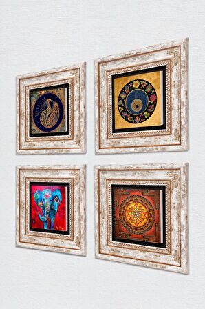 Fil, Tavus Kuşu, Sri Yantra, Nazar Taş Duvar Tablosu Çerçeveli Duvar Dekoru 4 Parça Tablo Seti Wall Art