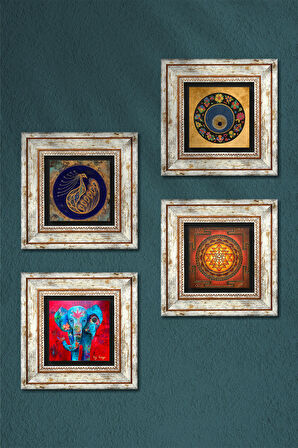 Fil, Tavus Kuşu, Sri Yantra, Nazar Taş Duvar Tablosu Çerçeveli Duvar Dekoru 4 Parça Tablo Seti Wall Art