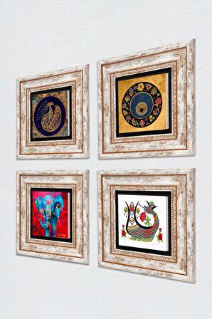 Fil, Tavus Kuşu, Şahmeran, Nazar Taş Duvar Tablosu Çerçeveli Duvar Dekoru 4 Parça Tablo Seti Wall Art