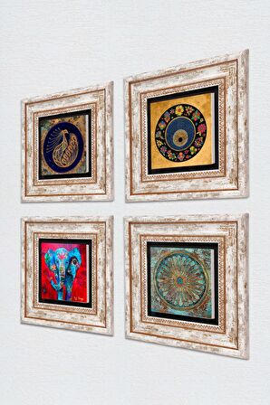Fil, Tavus Kuşu, Yaşam Çiçeği, Nazar Taş Duvar Tablosu Çerçeveli Duvar Dekoru 4 Parça Tablo Seti Wall Art