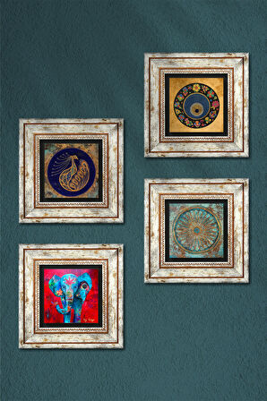 Fil, Tavus Kuşu, Yaşam Çiçeği, Nazar Taş Duvar Tablosu Çerçeveli Duvar Dekoru 4 Parça Tablo Seti Wall Art