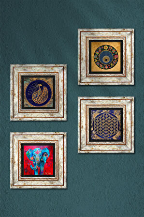Fil, Tavus Kuşu, Yaşam Çiçeği, Nazar Taş Duvar Tablosu Çerçeveli Duvar Dekoru 4 Parça Tablo Seti Wall Art