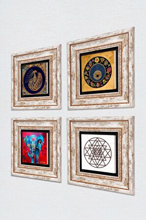 Fil, Tavus Kuşu, Sri Yantra, Nazar Taş Duvar Tablosu Çerçeveli Duvar Dekoru 4 Parça Tablo Seti Wall Art