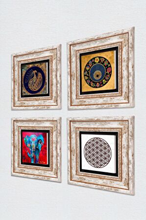 Fil, Tavus Kuşu, Yaşam Çiçeği, Nazar Taş Duvar Tablosu Çerçeveli Duvar Dekoru 4 Parça Tablo Seti Wall Art