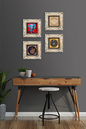 Fil, Tavus Kuşu, Lotus Çiçeği, Nazar Taş Duvar Tablosu Çerçeveli Duvar Dekoru 4 Parça Tablo Seti Wall Art