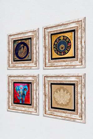 Fil, Tavus Kuşu, Lotus Çiçeği, Nazar Taş Duvar Tablosu Çerçeveli Duvar Dekoru 4 Parça Tablo Seti Wall Art