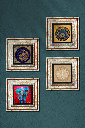 Fil, Tavus Kuşu, Lotus Çiçeği, Nazar Taş Duvar Tablosu Çerçeveli Duvar Dekoru 4 Parça Tablo Seti Wall Art