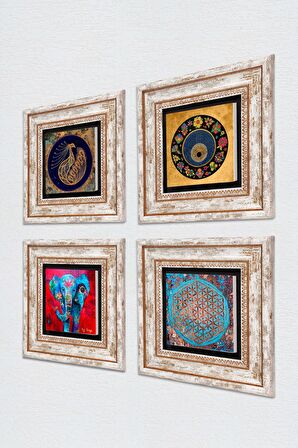 Fil, Yaşam Çiçeği, Tavus Kuşu, Nazar Taş Duvar Tablosu Çerçeveli Duvar Dekoru 4 Parça Tablo Seti Wall Art