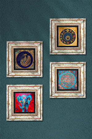 Fil, Yaşam Çiçeği, Tavus Kuşu, Nazar Taş Duvar Tablosu Çerçeveli Duvar Dekoru 4 Parça Tablo Seti Wall Art