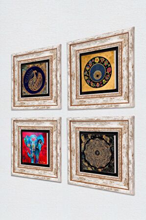 Fil, Sri Yantra, Tavus Kuşu, Nazar Taş Duvar Tablosu Çerçeveli Duvar Dekoru 4 Parça Tablo Seti Wall Art