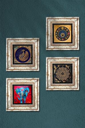 Fil, Sri Yantra, Tavus Kuşu, Nazar Taş Duvar Tablosu Çerçeveli Duvar Dekoru 4 Parça Tablo Seti Wall Art