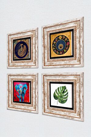 Fil, Yaprak, Tavus Kuşu, Nazar Taş Duvar Tablosu Çerçeveli Duvar Dekoru 4 Parça Tablo Seti Wall Art