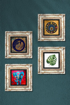 Fil, Yaprak, Tavus Kuşu, Nazar Taş Duvar Tablosu Çerçeveli Duvar Dekoru 4 Parça Tablo Seti Wall Art