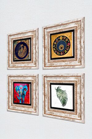 Fil, Yaprak, Tavus Kuşu, Nazar Taş Duvar Tablosu Çerçeveli Duvar Dekoru 4 Parça Tablo Seti Wall Art