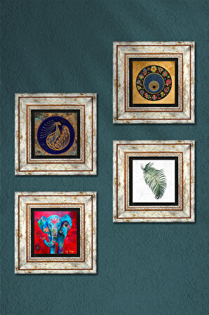 Fil, Yaprak, Tavus Kuşu, Nazar Taş Duvar Tablosu Çerçeveli Duvar Dekoru 4 Parça Tablo Seti Wall Art