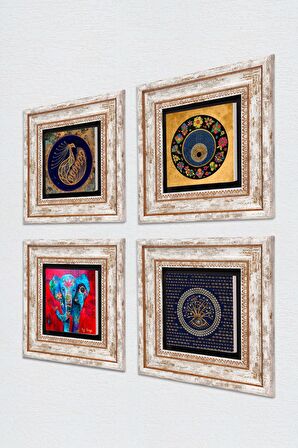 Fil, Tavus Kuşu, Nazar Taş Duvar Tablosu Çerçeveli Duvar Dekoru 4 Parça Tablo Seti Wall Art