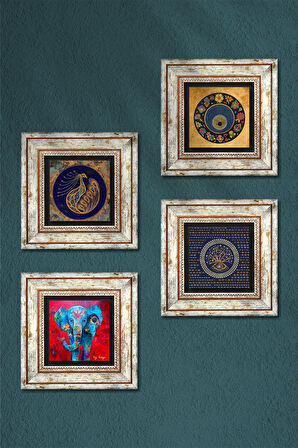 Fil, Tavus Kuşu, Nazar Taş Duvar Tablosu Çerçeveli Duvar Dekoru 4 Parça Tablo Seti Wall Art