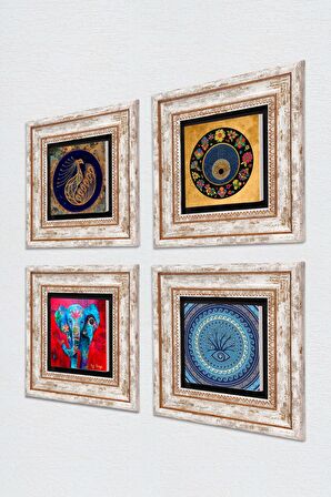 Fil, Tavus Kuşu, Nazar Taş Duvar Tablosu Çerçeveli Duvar Dekoru 4 Parça Tablo Seti Wall Art