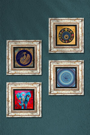 Fil, Tavus Kuşu, Nazar Taş Duvar Tablosu Çerçeveli Duvar Dekoru 4 Parça Tablo Seti Wall Art