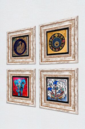 Fil, Tavus Kuşu, Çini Sanatı Yelkenli Gemi, Nazar Taş Duvar Tablosu Çerçeveli Duvar Dekoru 4 Parça Tablo Seti Wall Art