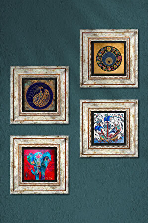 Fil, Tavus Kuşu, Çini Sanatı Yelkenli Gemi, Nazar Taş Duvar Tablosu Çerçeveli Duvar Dekoru 4 Parça Tablo Seti Wall Art