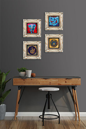 Fil, Tavus Kuşu, Çini Sanatı Balık, Nazar Taş Duvar Tablosu Çerçeveli Duvar Dekoru 4 Parça Tablo Seti Wall Art