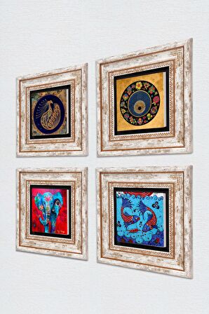 Fil, Tavus Kuşu, Çini Sanatı Balık, Nazar Taş Duvar Tablosu Çerçeveli Duvar Dekoru 4 Parça Tablo Seti Wall Art
