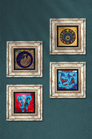 Fil, Tavus Kuşu, Çini Sanatı Balık, Nazar Taş Duvar Tablosu Çerçeveli Duvar Dekoru 4 Parça Tablo Seti Wall Art