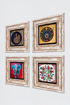 Fil, Tavus Kuşu, Lale, Nazar Taş Duvar Tablosu Çerçeveli Duvar Dekoru 4 Parça Tablo Seti Wall Art