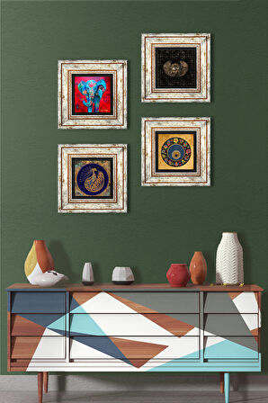 Fil, Horus'un Gözü, Tavus Kuşu, Nazar Taş Duvar Tablosu Çerçeveli Duvar Dekoru 4 Parça Tablo Seti Wall Art