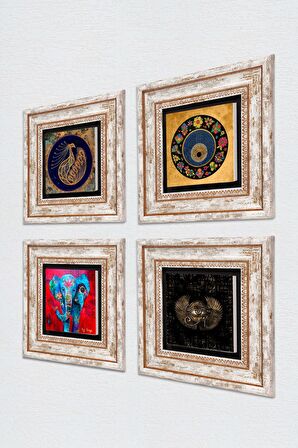 Fil, Horus'un Gözü, Tavus Kuşu, Nazar Taş Duvar Tablosu Çerçeveli Duvar Dekoru 4 Parça Tablo Seti Wall Art