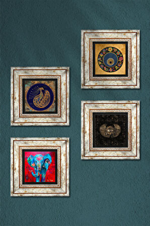 Fil, Horus'un Gözü, Tavus Kuşu, Nazar Taş Duvar Tablosu Çerçeveli Duvar Dekoru 4 Parça Tablo Seti Wall Art