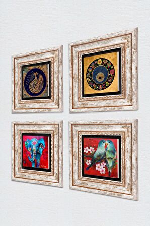 Fil, Kuş, Tavus Kuşu, Nazar Taş Duvar Tablosu Çerçeveli Duvar Dekoru 4 Parça Tablo Seti Wall Art