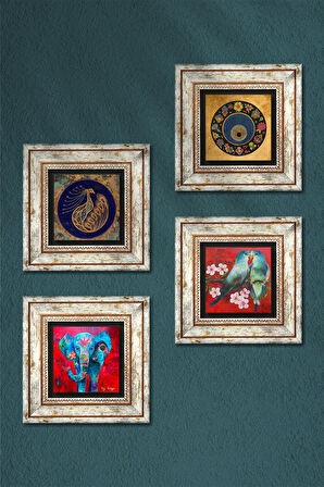 Fil, Kuş, Tavus Kuşu, Nazar Taş Duvar Tablosu Çerçeveli Duvar Dekoru 4 Parça Tablo Seti Wall Art