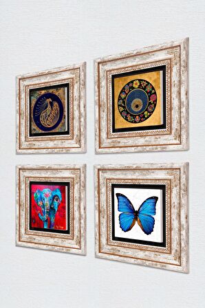 Kelebek, Fil, Tavus Kuşu, Nazar Taş Duvar Tablosu Çerçeveli Duvar Dekoru 4 Parça Tablo Seti Wall Art