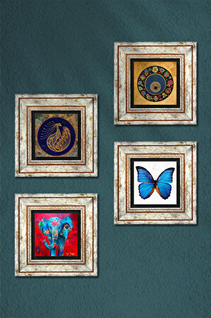 Kelebek, Fil, Tavus Kuşu, Nazar Taş Duvar Tablosu Çerçeveli Duvar Dekoru 4 Parça Tablo Seti Wall Art